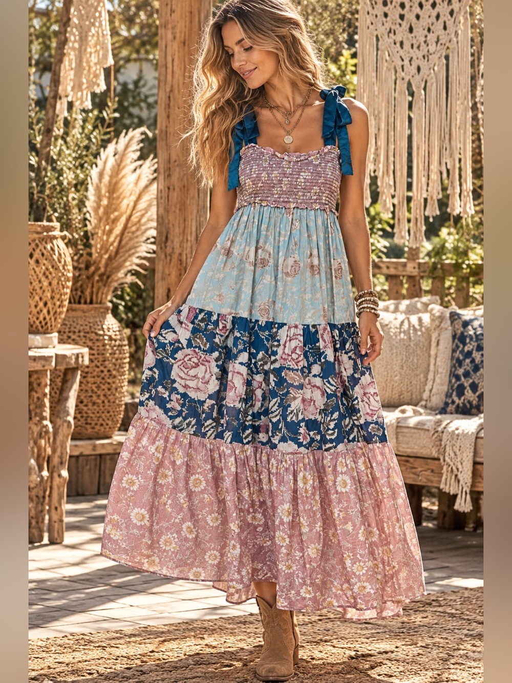 Free People Bluebelle Boho Floral Tiered Maxi Dress with Teal Ribbon Straps L